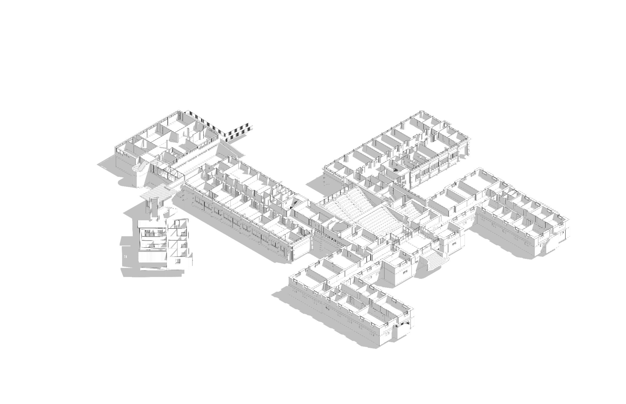 Spaccato assonometrico del modello BIM con distribuzione interna e auditorium
